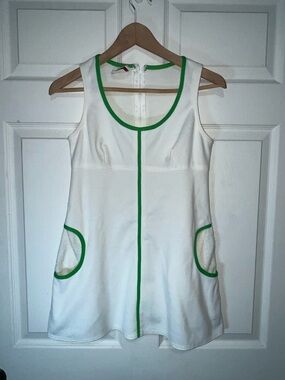 VTG Loomtogs Tennis Whites Mini Dress with Green Trim - Sleeveless A-Line